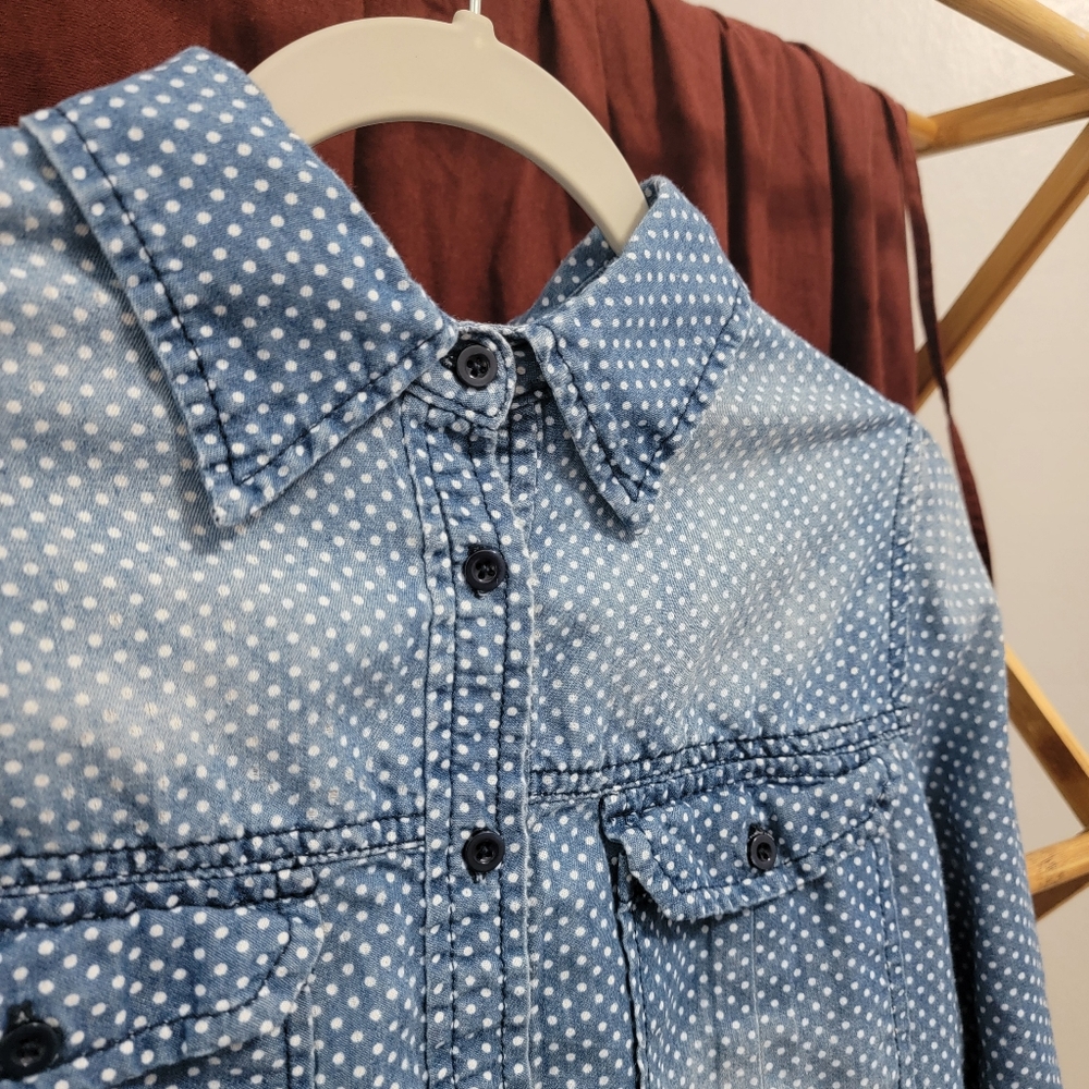 Distressed Preppy Polka Dot Denim Button-up Shirt - Picture 2 of 7